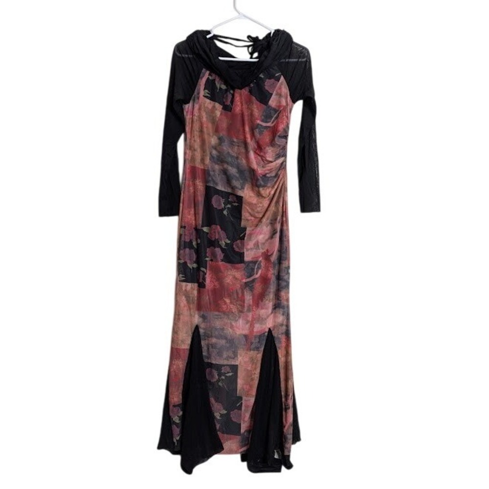 Y2K Grunge Floral Patchwork Mesh Maxi Dress Long Sleeve‎ XL Goth Black Sheer